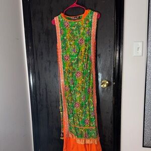 Vibrant Green and Orange Embroidered Dress